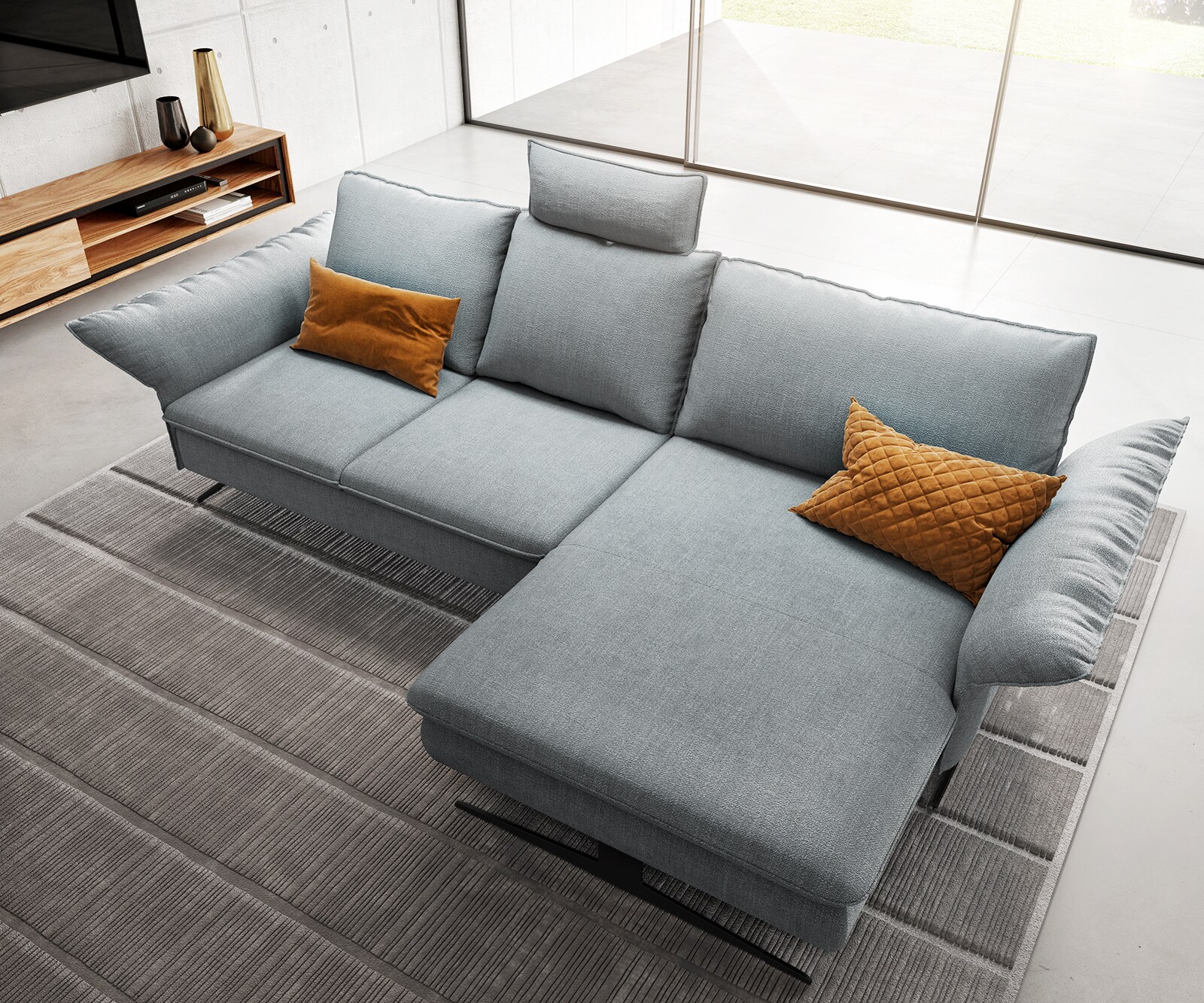 Ecksofa Nerio 300 x 190 cm Flachgewebe Pastellblau Recamiere rechts 5