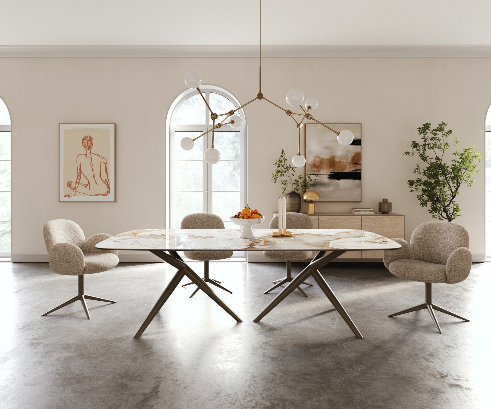 Esstisch Edge Boot 240x120 cm Keramik Minas Melange Weiß-Beige Estelar rund Metall Effektfinish Titan 2