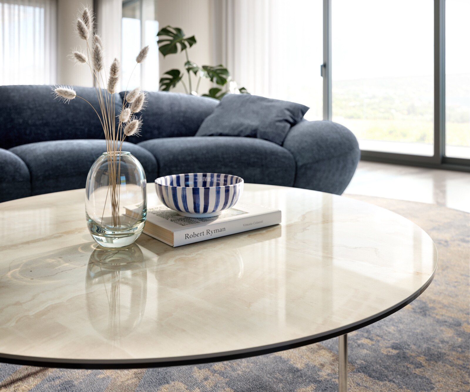 Couchtisch Edge Rund 100x100 cm Keramik Onyx Champagne Trive Edelstahl gebürstet 4