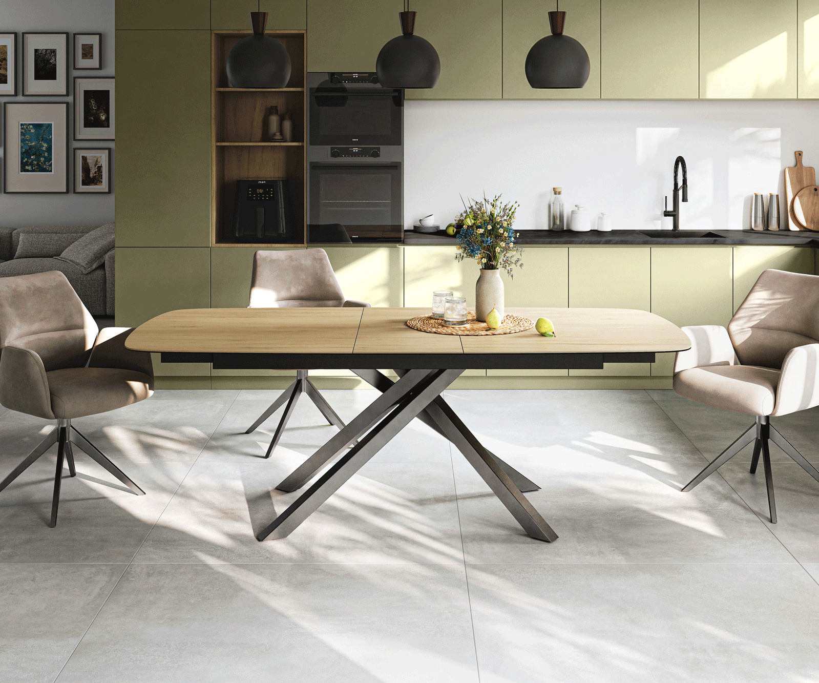Esstisch Edge Boot 180-220x100 cm Keramik Laminam® Sabbia Eichefarbig Kreuzgestell Rechteck Edelstahl Graphit ausziehbar 2