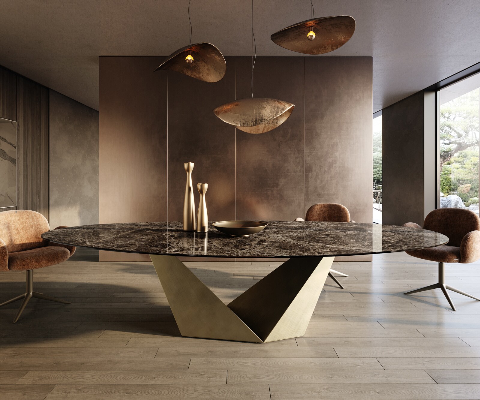 Esstisch Edge Oval 315x150 cm Keramik Emperador Extra Lucidato Dunkelbraun Prisma Metallic Gold 2