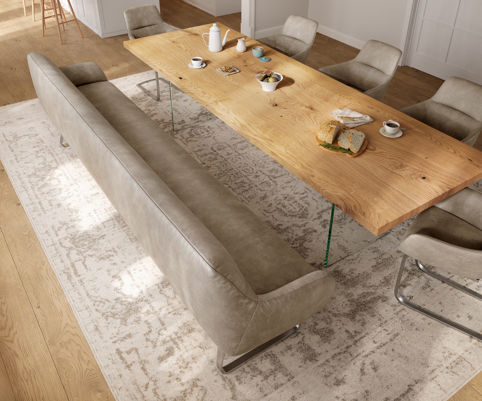 Esszimmerbank Taya-Flex 300 cm Mikrofaser Beige Vintage Kufengestell flach Edelstahl Taschenfederkern 3