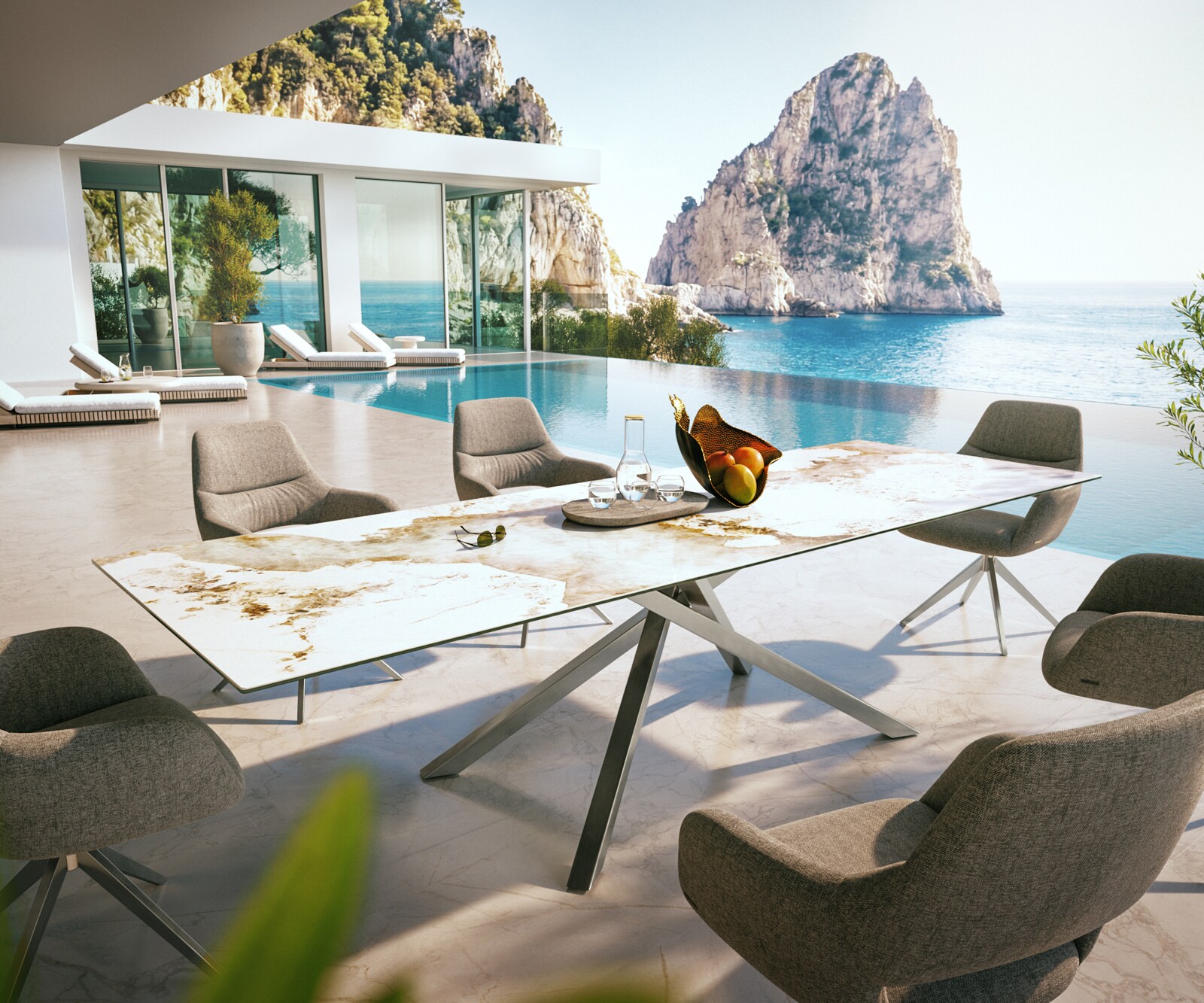 Outdoortisch Edge 300x100 cm Keramik Minas Melange Weiß-Beige Kreuzgestell Rechteck Edelstahl