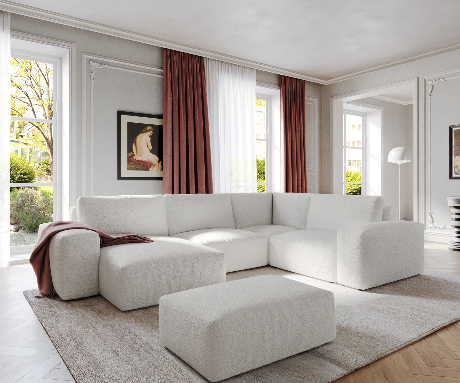 Grand canapé d’angle Lanzo cm bouclé blanc crème méridienne réversible avec pouf