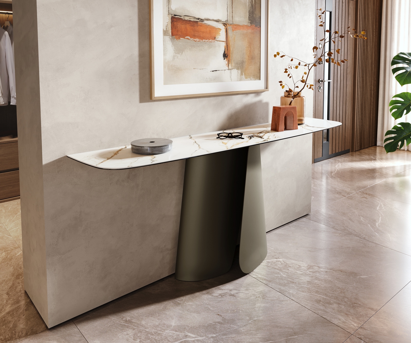 Konsolentisch Edge Boot 180x40 cm Keramik Calacatta Luxe Weiß-Gold-Grau Livos Metall Effektfinish Titan 4