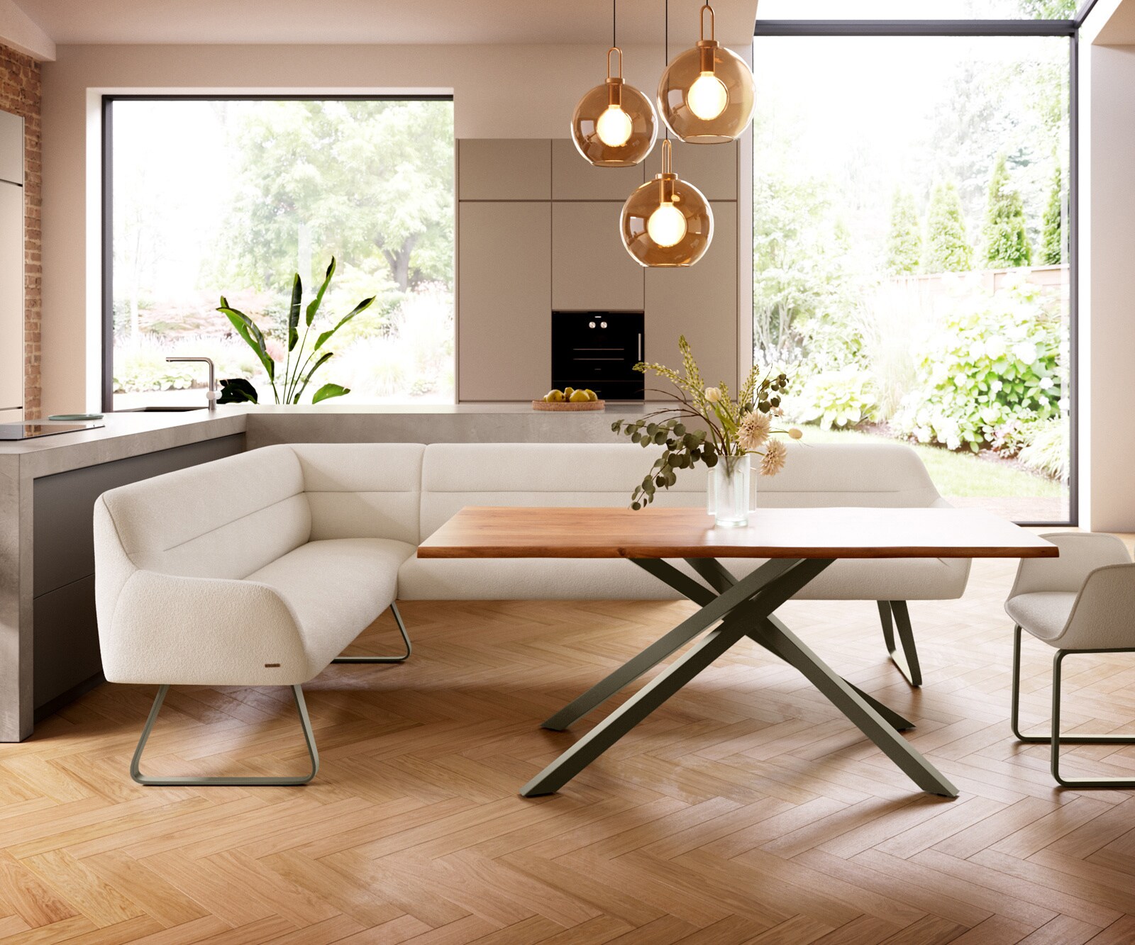 Esszimmerbank Taya-Flex 285x190 cm Bouclé Creme-Weiß Kufengestell flach Effektfinish Titan Taschenfederkern Rechts 2