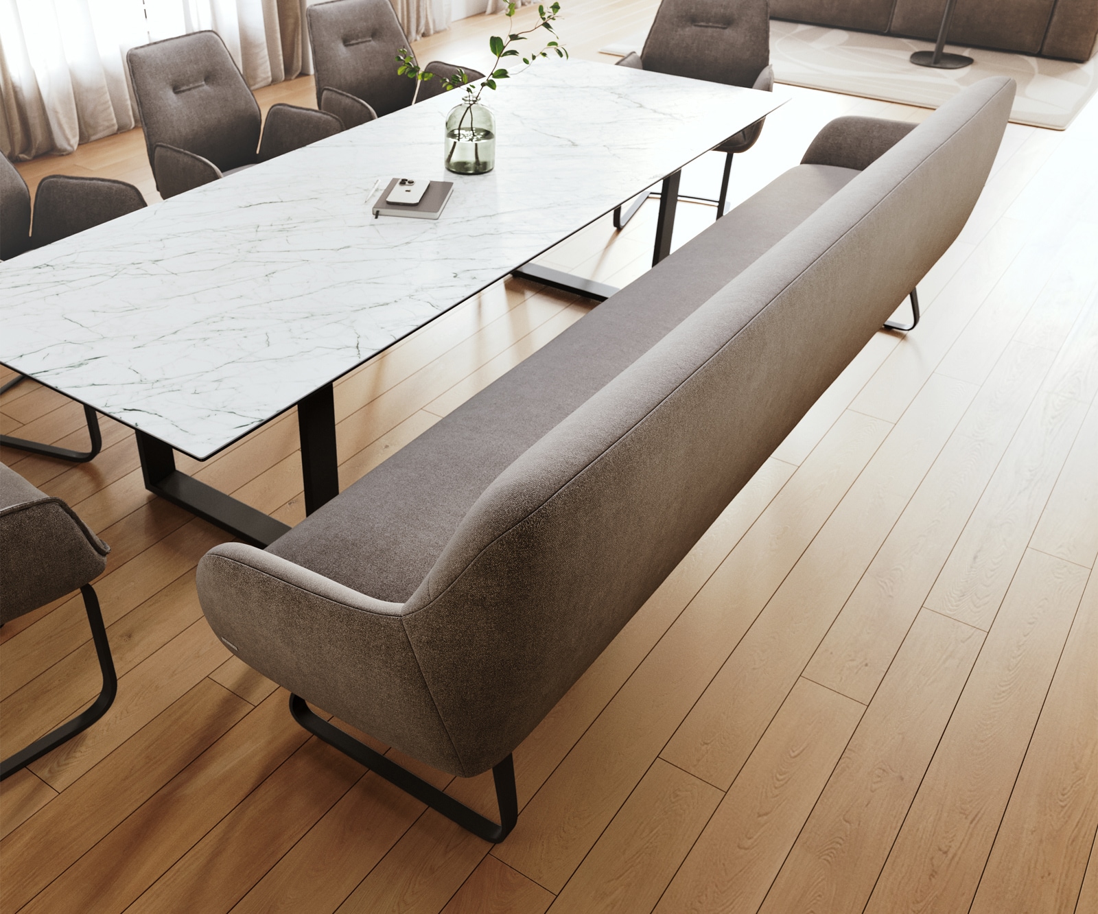 Esszimmerbank Taya-Flex 300 cm Strukturstoff Soft Taupe Kufengestell flach Schwarz Taschenfederkern 3