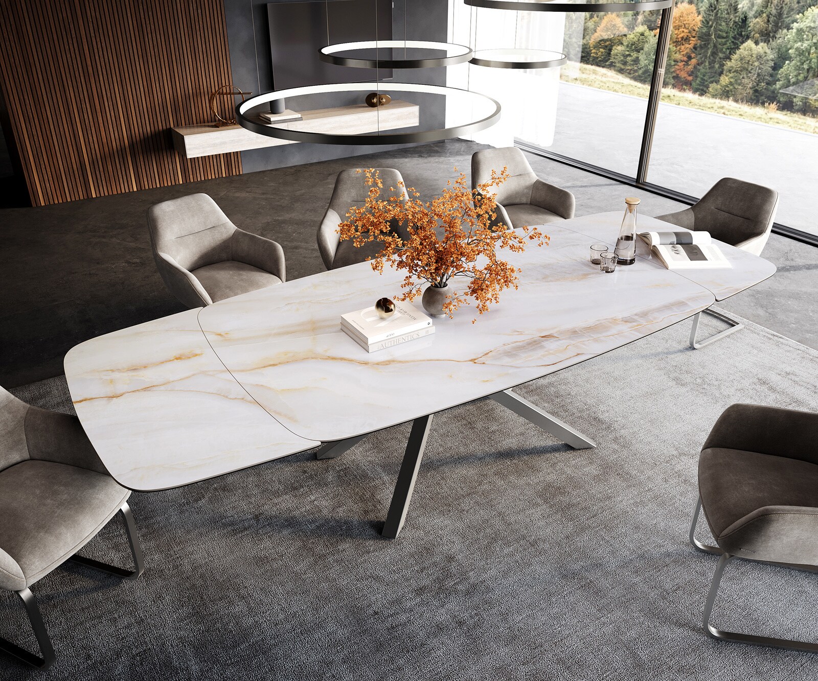 Esstisch Edge Boot 200-300x120 cm Keramik Onyx Pearl Kreuzgestell Rechteck Edelstahl ausziehbar 4