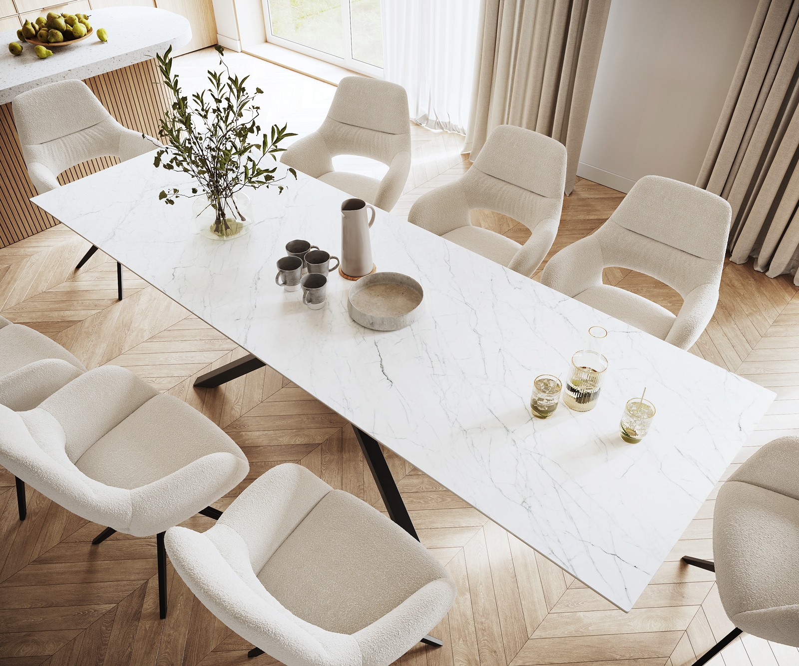 Esszimmertisch Edge Keramik Laminam® Statuarietto Weiß 300x100cm Mittelfuß Kreuz Schwarz