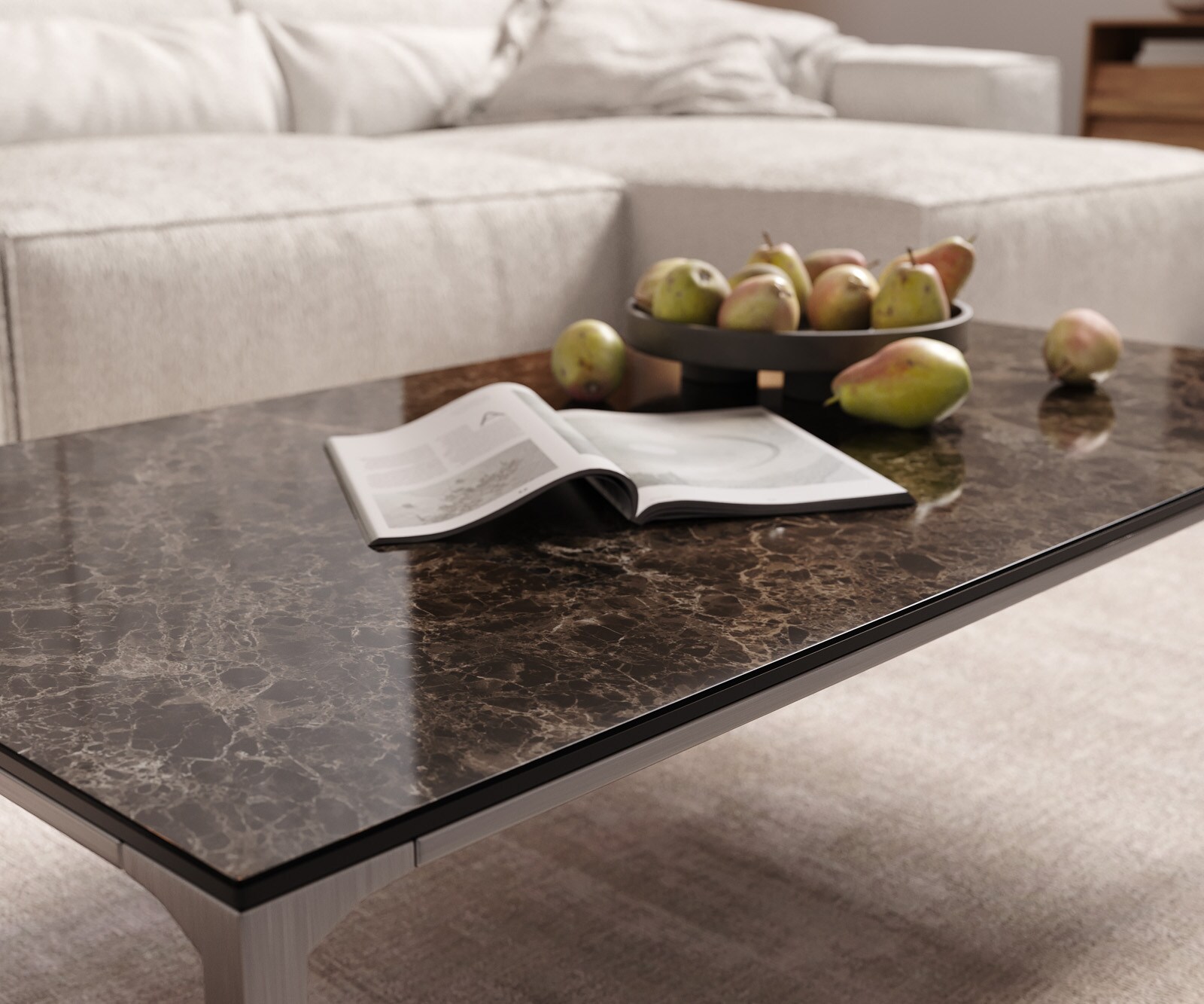 Couchtisch Levente 110x60 cm Keramik Emperador Extra Lucidato Dunkelbraun Gestell Edelstahl Silber 5