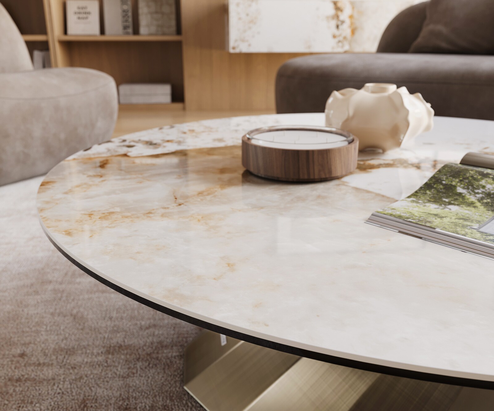Couchtisch Edge Rund 100x100 cm Keramik Minas Melange Parabi Metallic Gold 5
