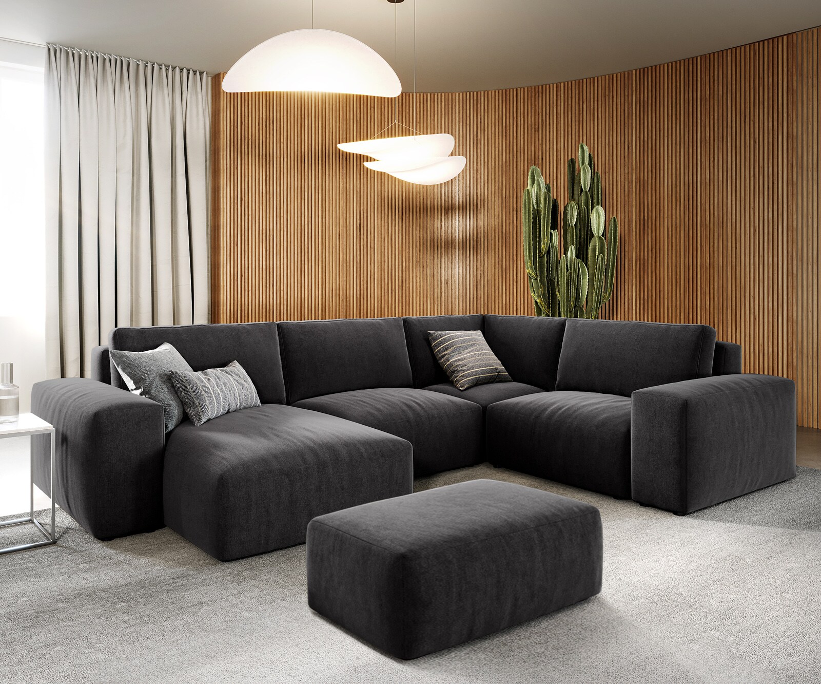 Wohnlandschaft Lanzo 300x210 cm Mikrofaser Schwarz Recamiere variabel mit Hocker 1