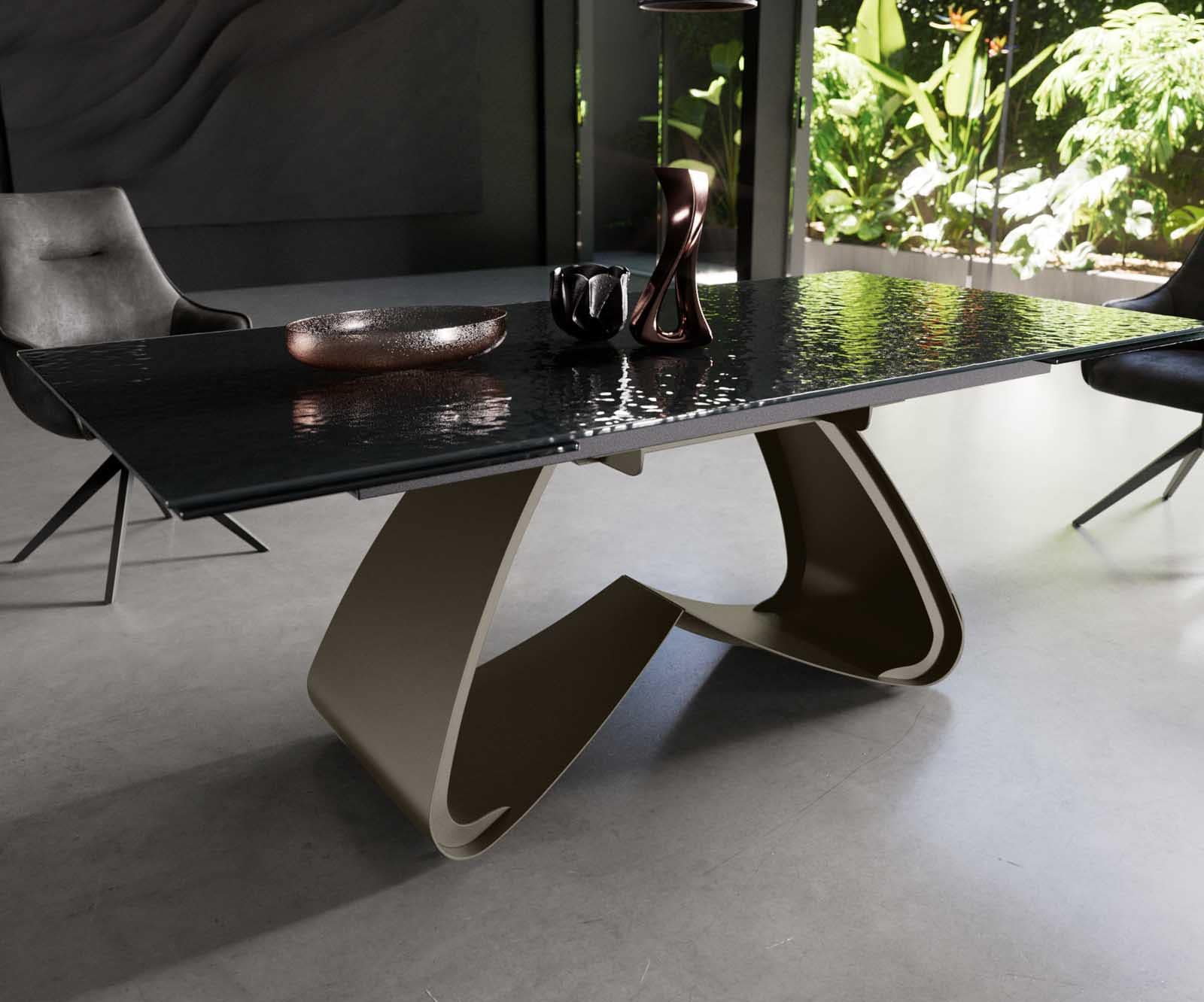 Esstisch Edge 200-300x100 Reliefglas Rauchschwarz 3D-Design W-Gestell Effektfinish Titan ausziehbar 5 Esstisch Edge 200-300x100 Reliefglas Rauchschwarz 3D-Design W-Gestell Effektfinish Titan ausziehbar 5