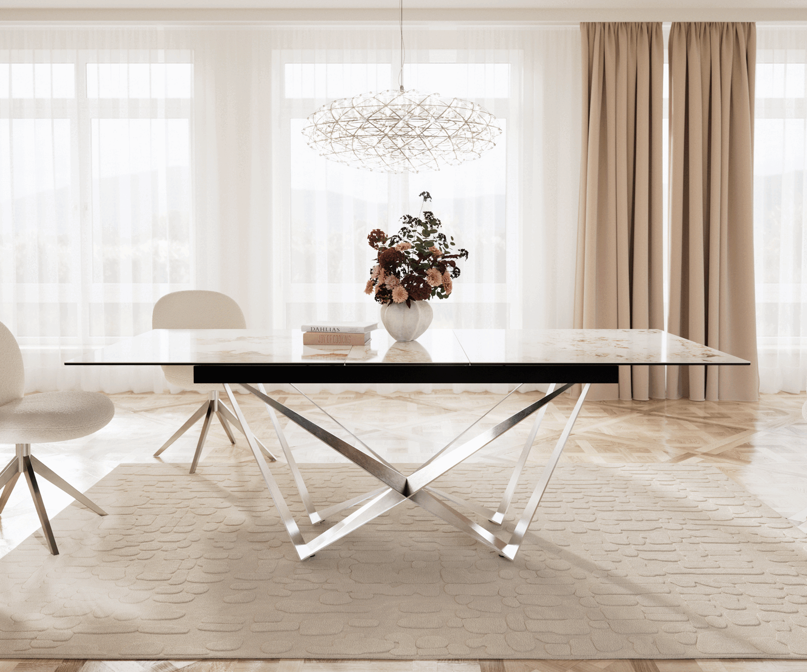Esstisch Edge 180-220x100 Keramik Minas Melange Weiß-Beige Spider Flachstahl Edelstahl ausziehbar 1