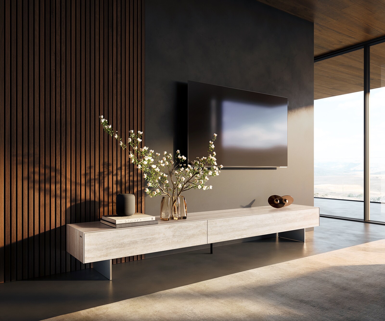 Lowboard Cuor 250 cm Keramik Laminam® Travertino Bianco Creme-Weiß 1 Klappe 1 Schubfach Fuß Schwebeoptik Edelstahl 1