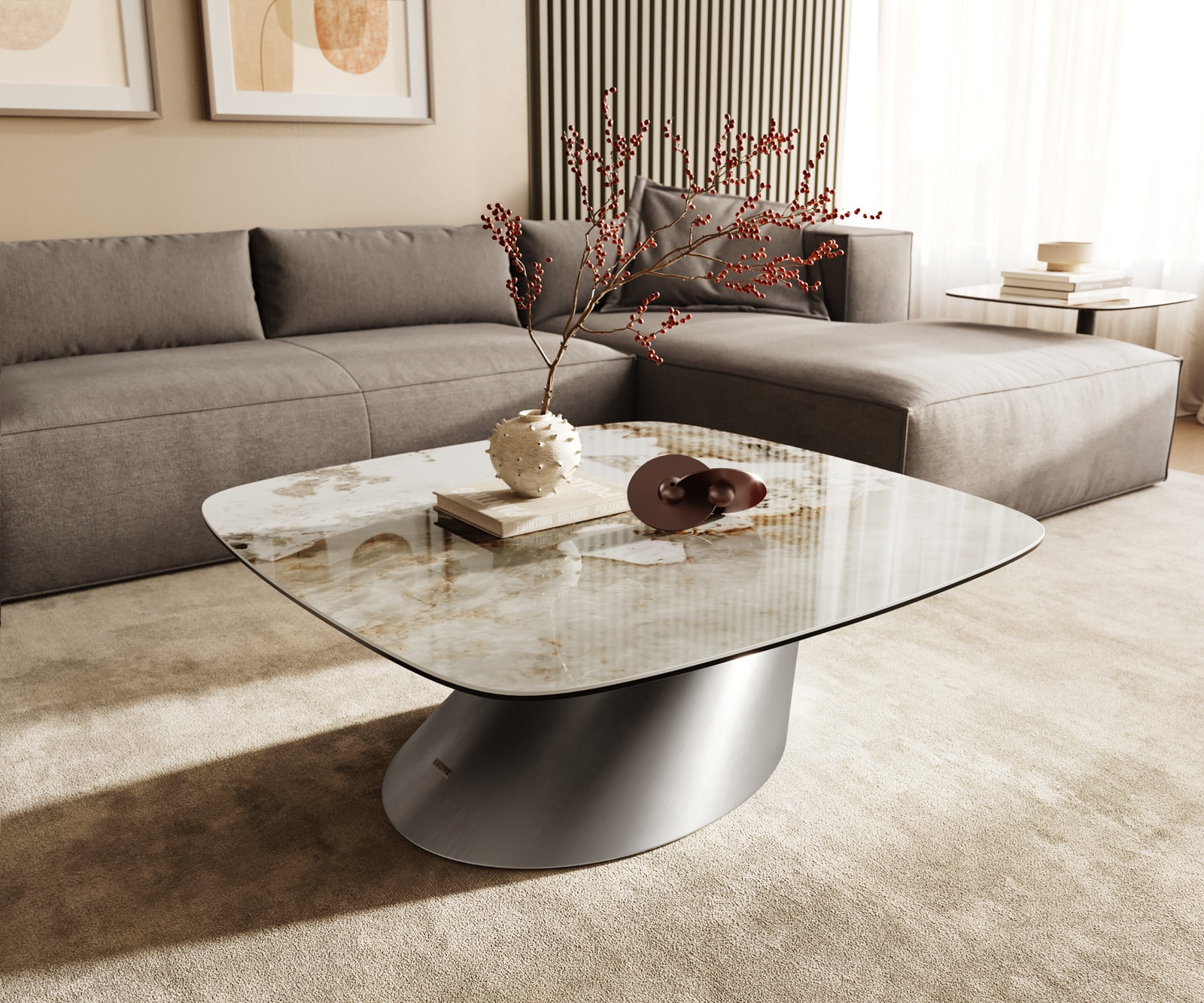 Couchtisch Edge Boot 90x90 cm Keramik Minas Melange Conis Edelstahl gebürstet