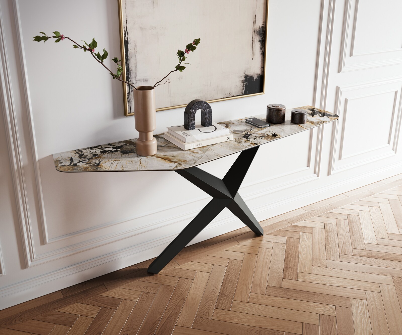 Konsolentisch Edge Polygonal 180x50 cm Keramik Patagonia Poliert Zentharo Metall Schwarz