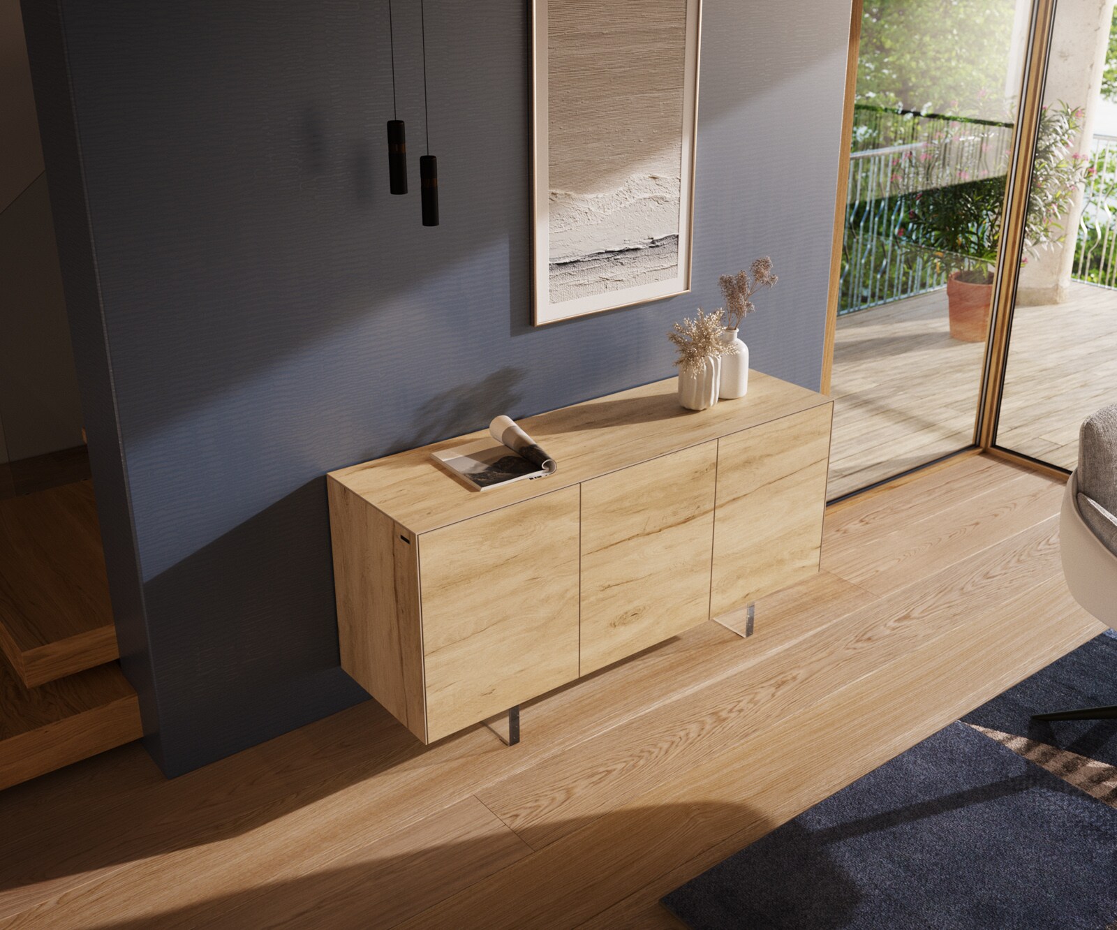 Sideboard Cuor 150 cm Keramik Laminam® Sabbia Eichefarbig 3 Türen Fuß Schwebeoptik Acrylglas 3