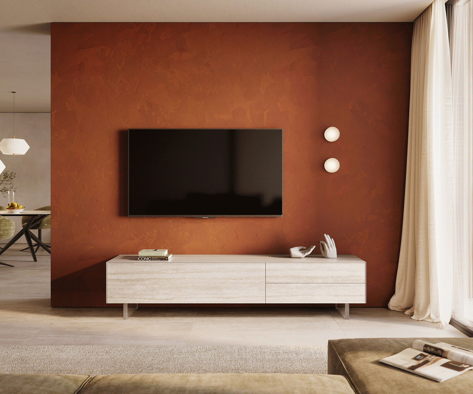 Lowboard Cuor 220 cm Keramik Laminam® Travertino Bianco Creme-Weiß 1 Klappe 2 Schubfächer Fuß Schwebeoptik Acrylglas 1