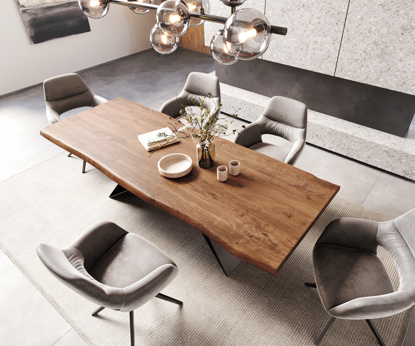 Esstisch Edge 260x100 XL Akazie Braun V-Gestell Flachstahl Schwarz Live-Edge 4