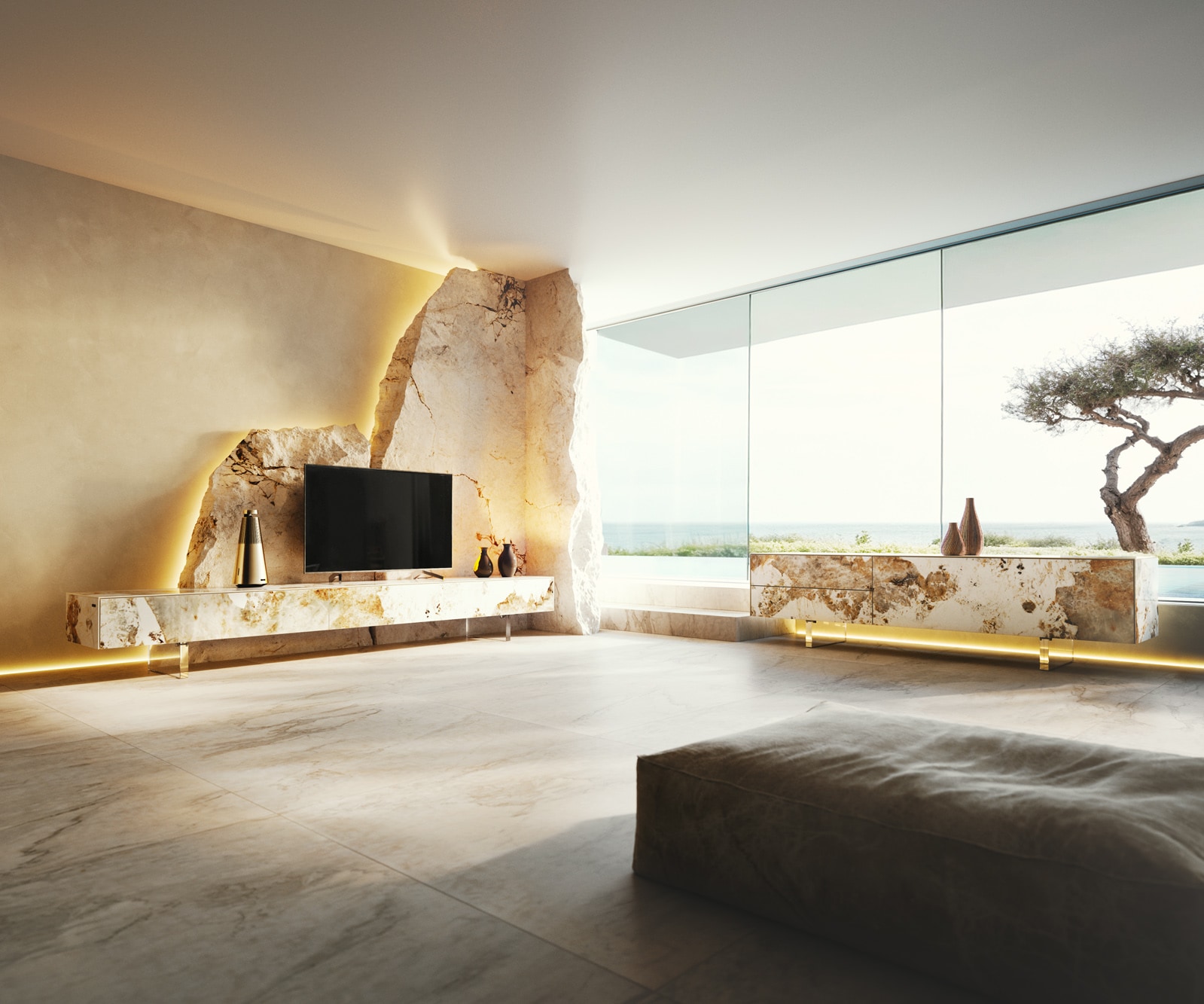 Lowboard Cuor 200 cm Keramik Minas Melange Weiß-Beige 1 Klappe 1 Schubfach Fuß Schwebeoptik Metall Schwarz 8