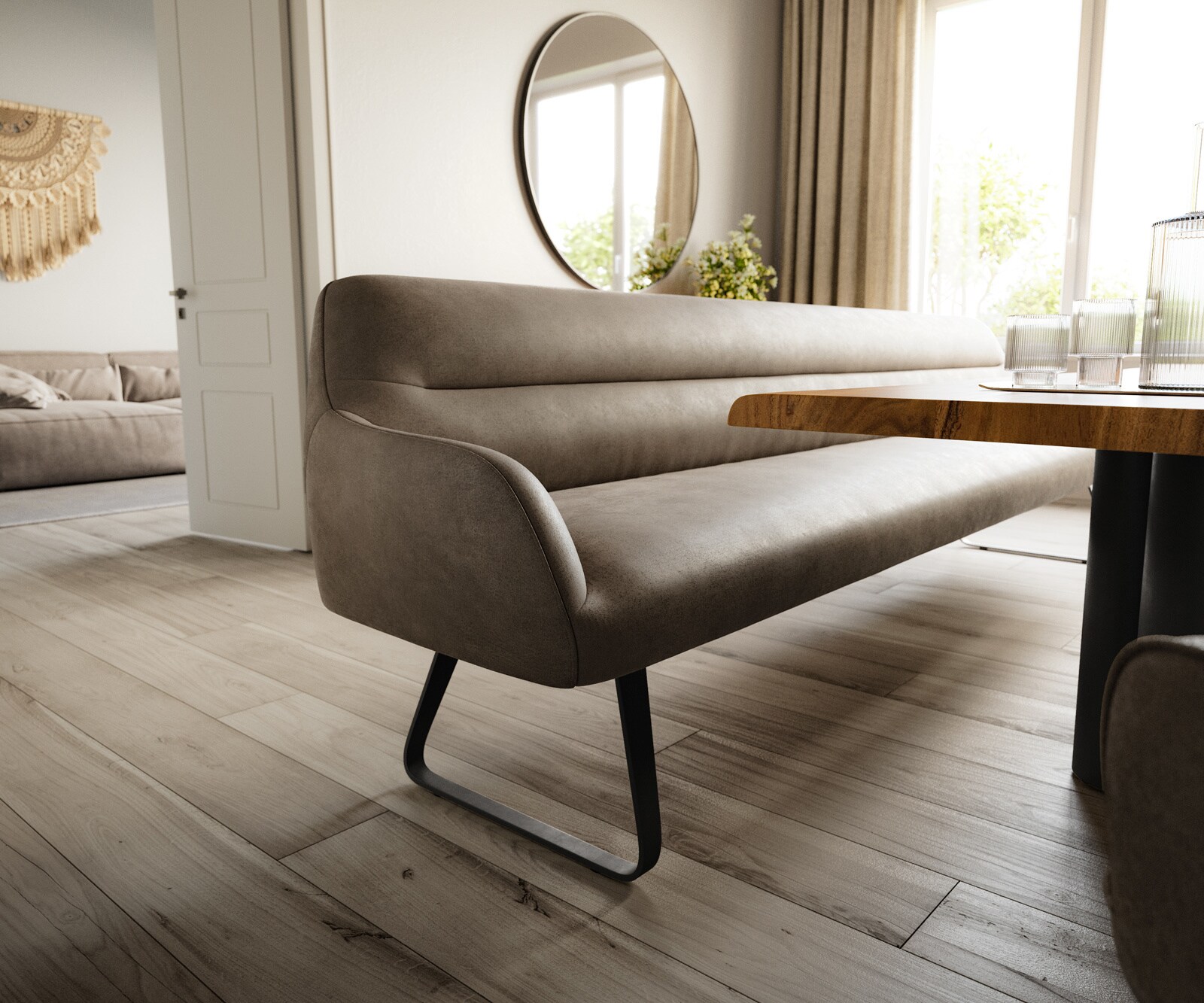 Esszimmerbank Taya-Flex 300 cm Mikrofaser Taupe Vintage Kufengestell flach Schwarz Taschenfederkern 4