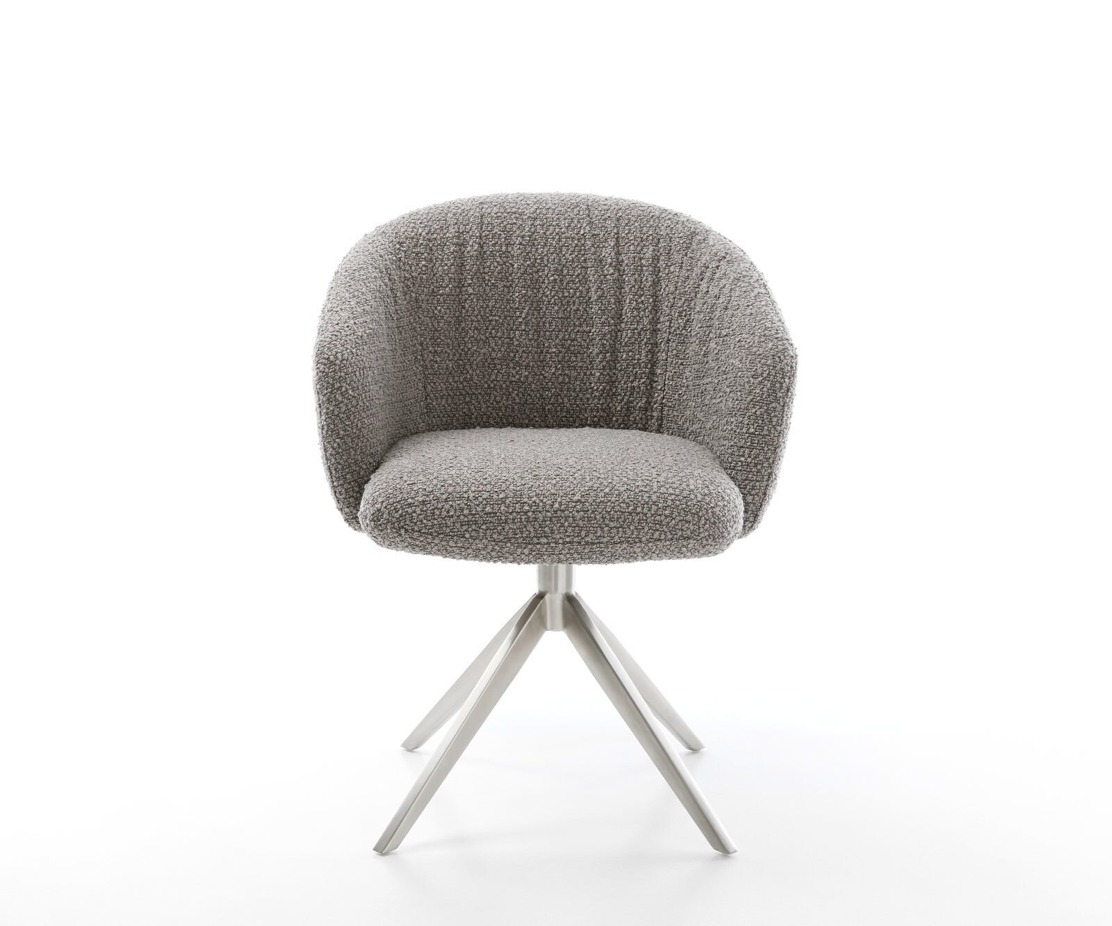 Drehstuhl Caja-Flex mit Armlehnen Bouclé Silbergrau Kreuzgestell breit Edelstahl 360° drehbar Wippfunktion Taschenfederkern 1