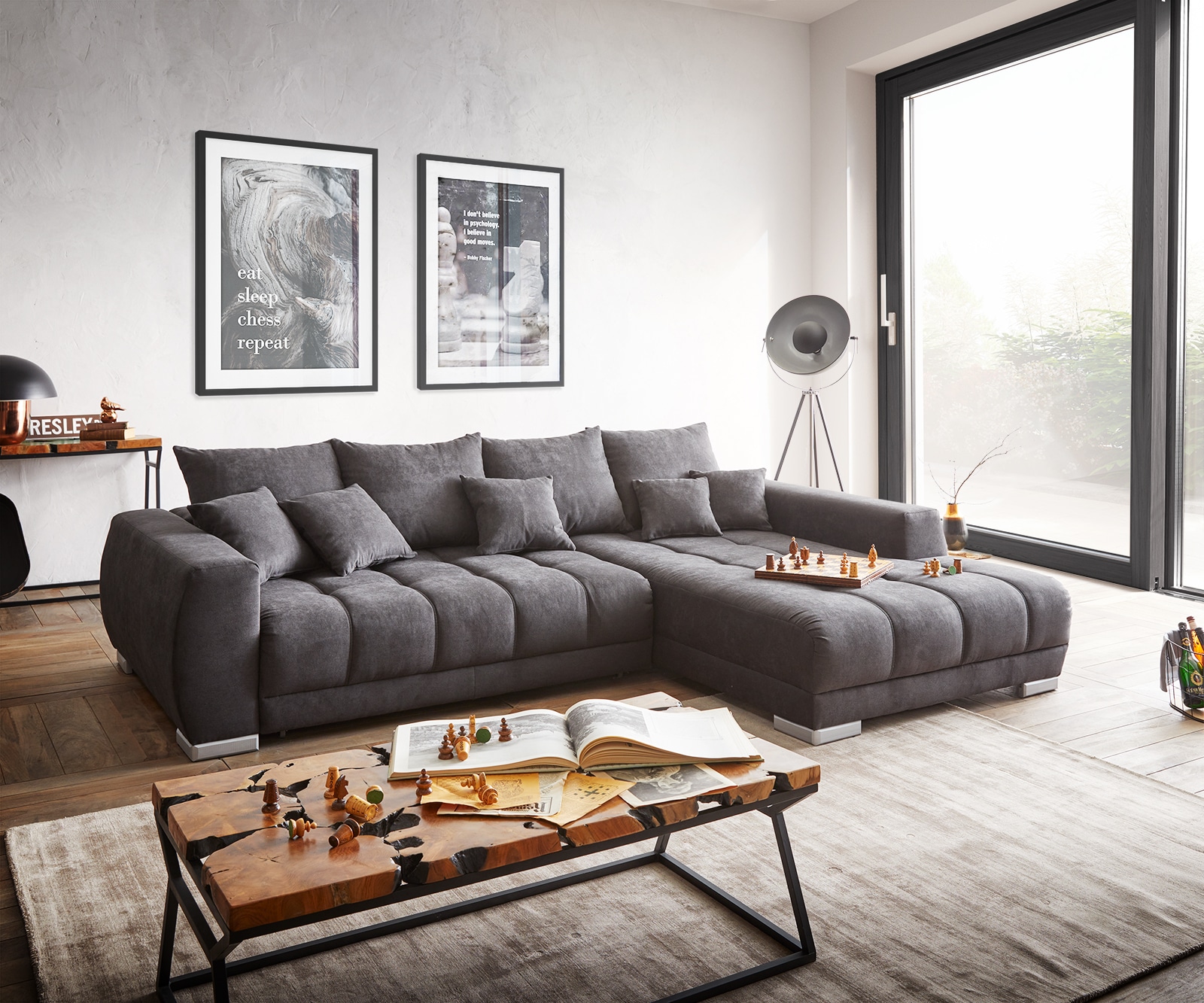 Ecksofa Nabor 300x230 cm Mikrofaser Schwarz Recamiere rechts inkl. elektrischer Vorziehfunktion 1 Ecksofa Nabor 300x230 cm Mikrofaser Schwarz Recamiere rechts inkl. elektrischer Vorziehfunktion 1
