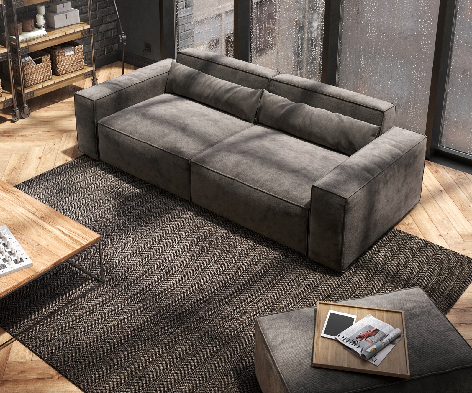 Big-Sofa Sirpio 230x95 cm Mikrofaser Khakibraun mit Hocker 3