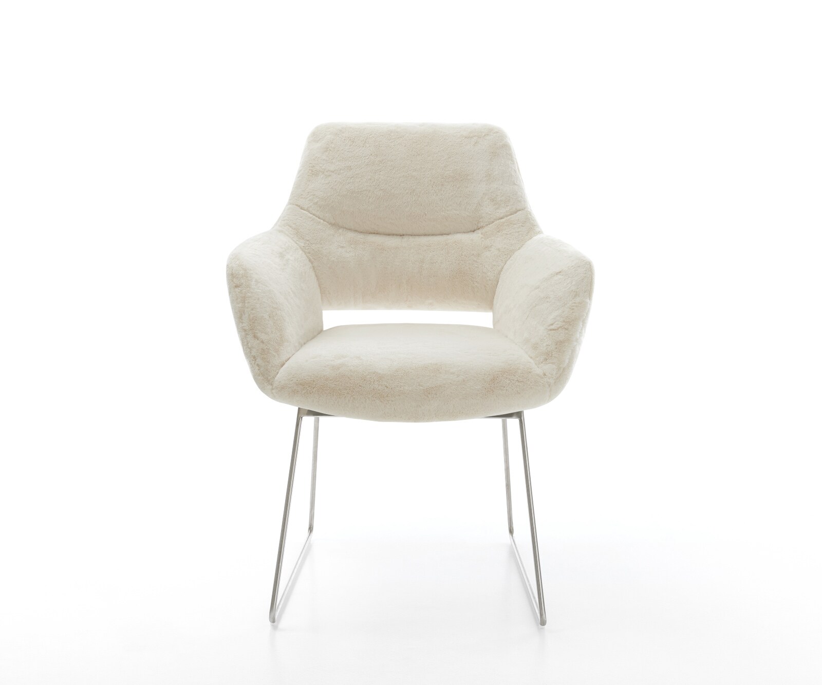 Esszimmerstuhl Yago-Flex mit Armlehnen Plüsch Creme-Weiß Kufengestell Edelstahl Taschenfederkern 2