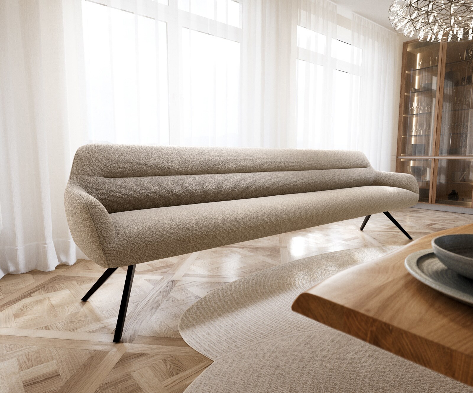 Esszimmerbank Taya-Flex 300 cm Bouclé Schlamm Kreuzgestell kantig Schwarz Taschenfederkern 1