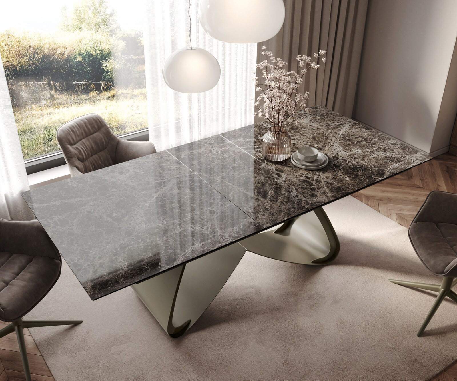 Esstisch Edge 180-220x100 Keramik Laminam® Emperador Extra Lucidato Dunkelbraun W-Gestell Effektfinish Titan ausziehbar 3