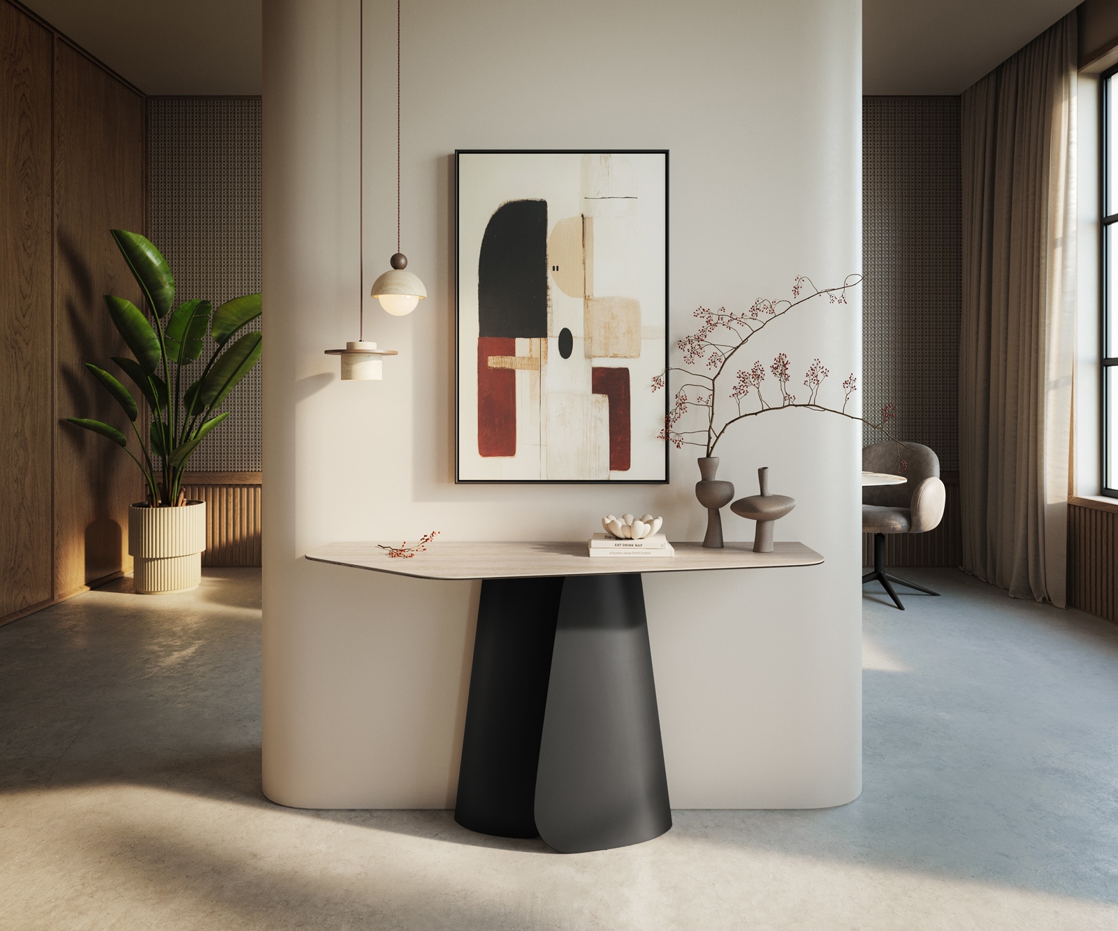 Konsolentisch Edge Polygonal 140x50 cm Keramik Laminam® Travertino Bianco Creme-Weiß Livos Metall Schwarz 4
