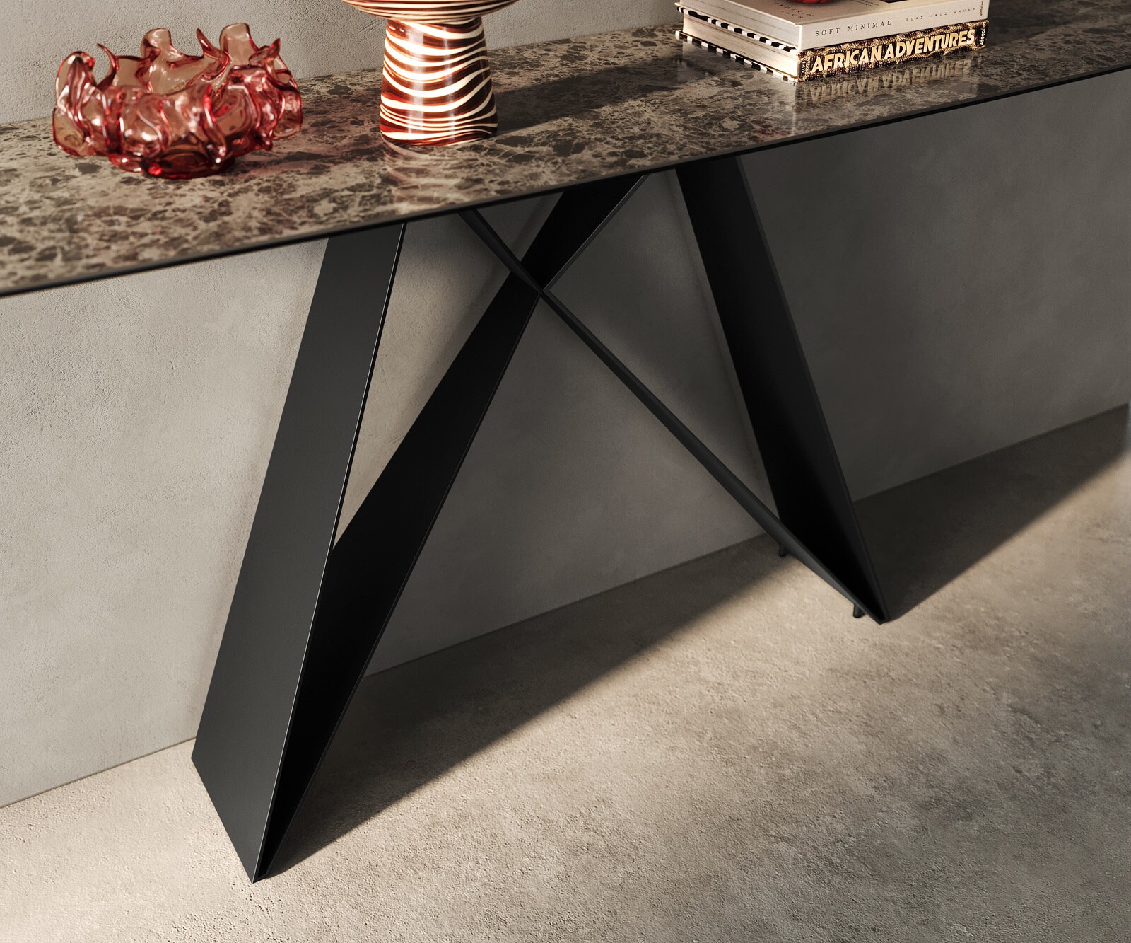 Konsolentisch Edge Boot 180x40 cm Keramik Emperador Extra Lucidato Dunkelbraun Velio Metall Schwarz 5