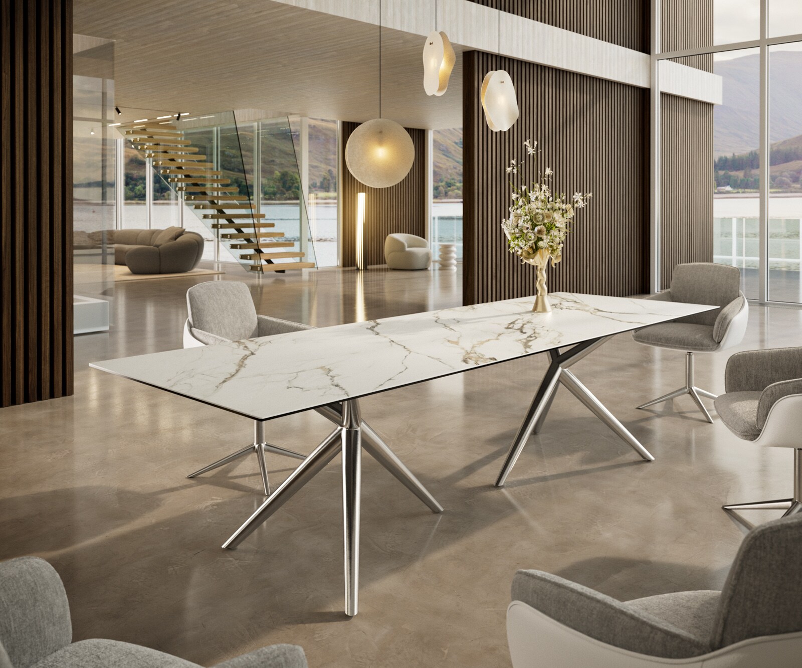 Esstisch Edge 300x100 Keramik Calacatta Luxe Weiß-Gold-Grau Estelar rund Edelstahl 1
