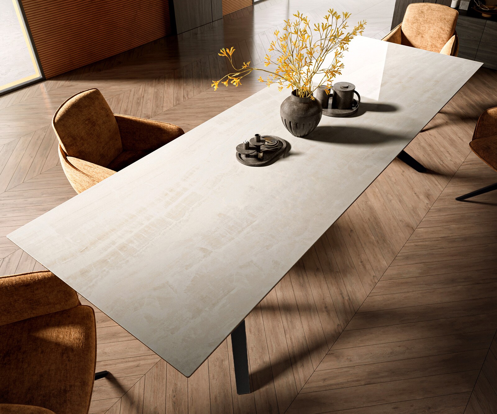 Esstisch Edge 300x100 cm Keramik Onyx Champagne Zenthara kantig Metall Schwarz 3