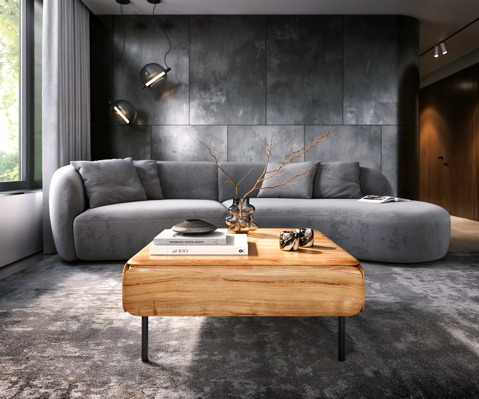 Couchtisch Shavani 90x90 cm Akazie Natur 2 Schubladen Metall Schwarz 1