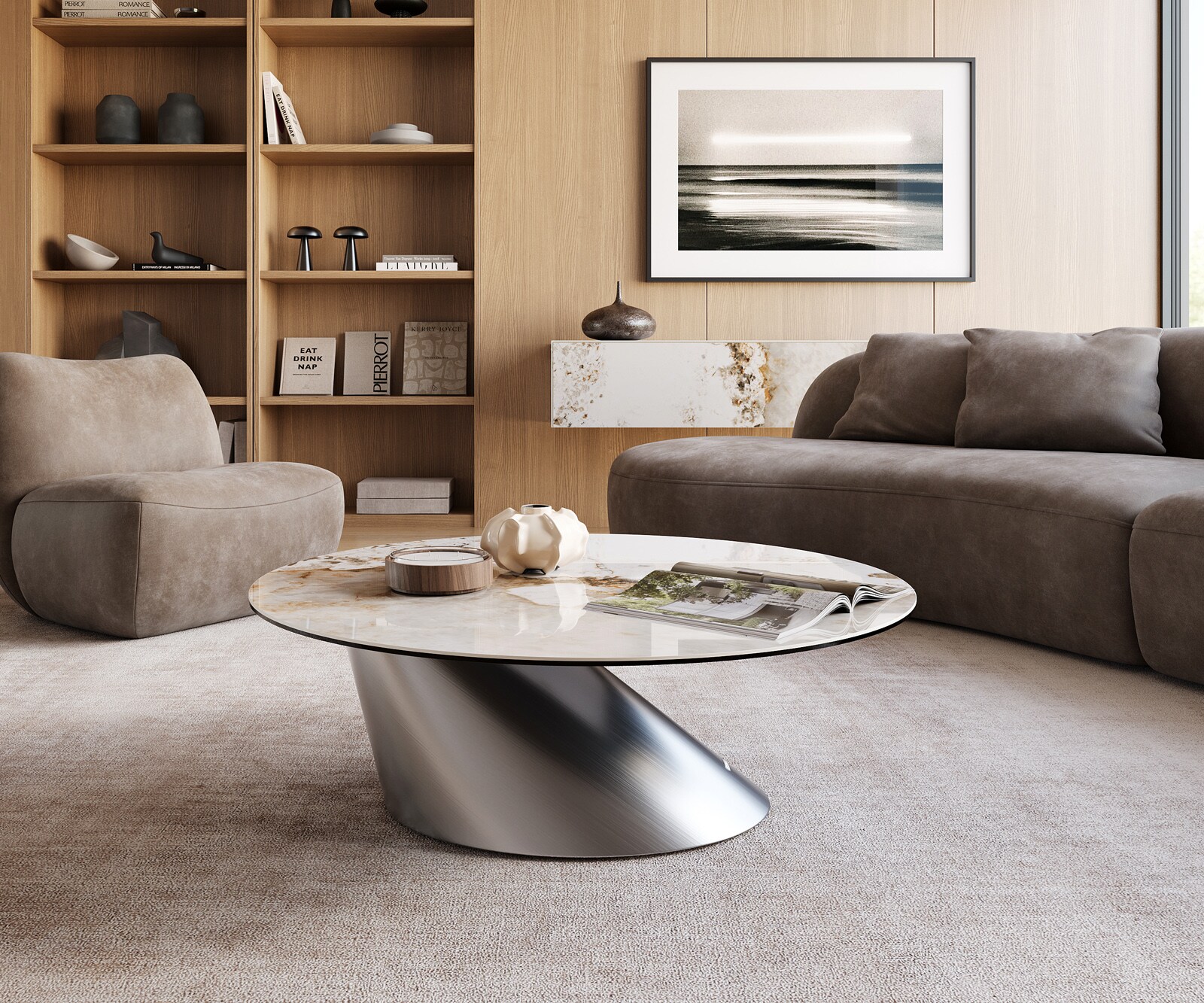 Couchtisch Edge Rund 100x100 cm Keramik Minas Melange Conis Edelstahl gebürstet 1