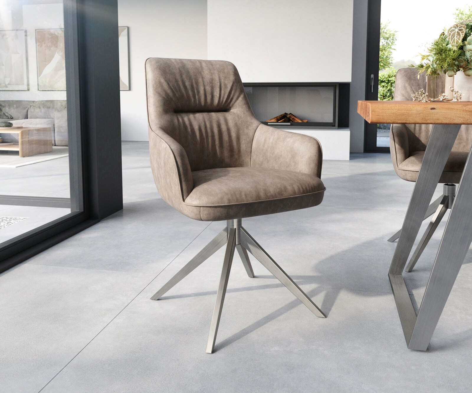 Esszimmerstuhl Zelia-Flex mit Armlehnen Mikrofaser Taupe Vintage Kreuzgestell breit Edelstahl Taschenfederkern