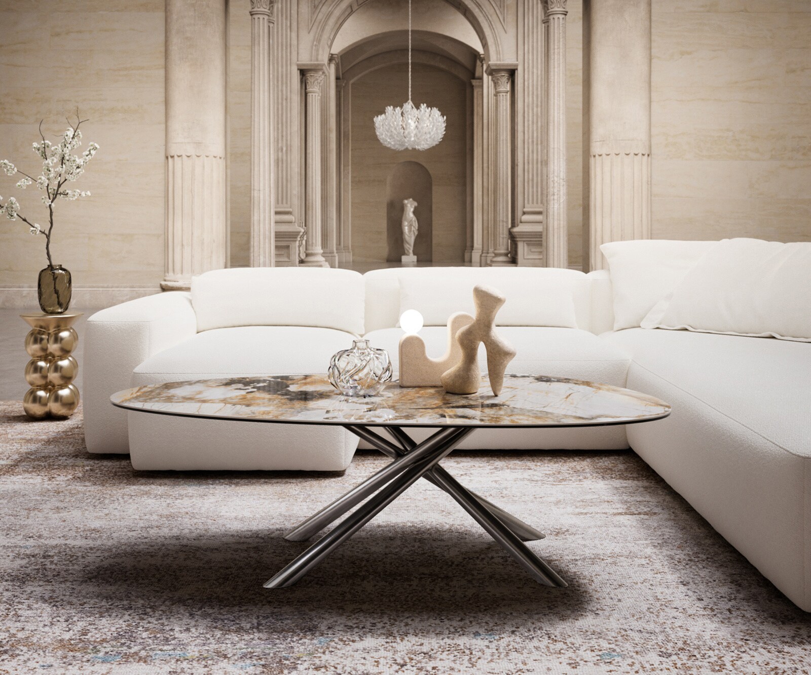 Couchtisch Edge Oval 140x75 cm Keramik Patagonia Poliert Sarity Metall Effektfinish Titan 1