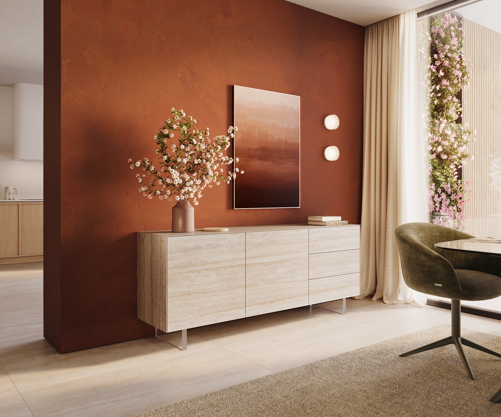 Sideboard Cuor 180 cm Keramik Laminam® Travertino Bianco Creme-Weiß 2 Türen 3 Schubfächer Fuß Schwebeoptik Acrylglas
