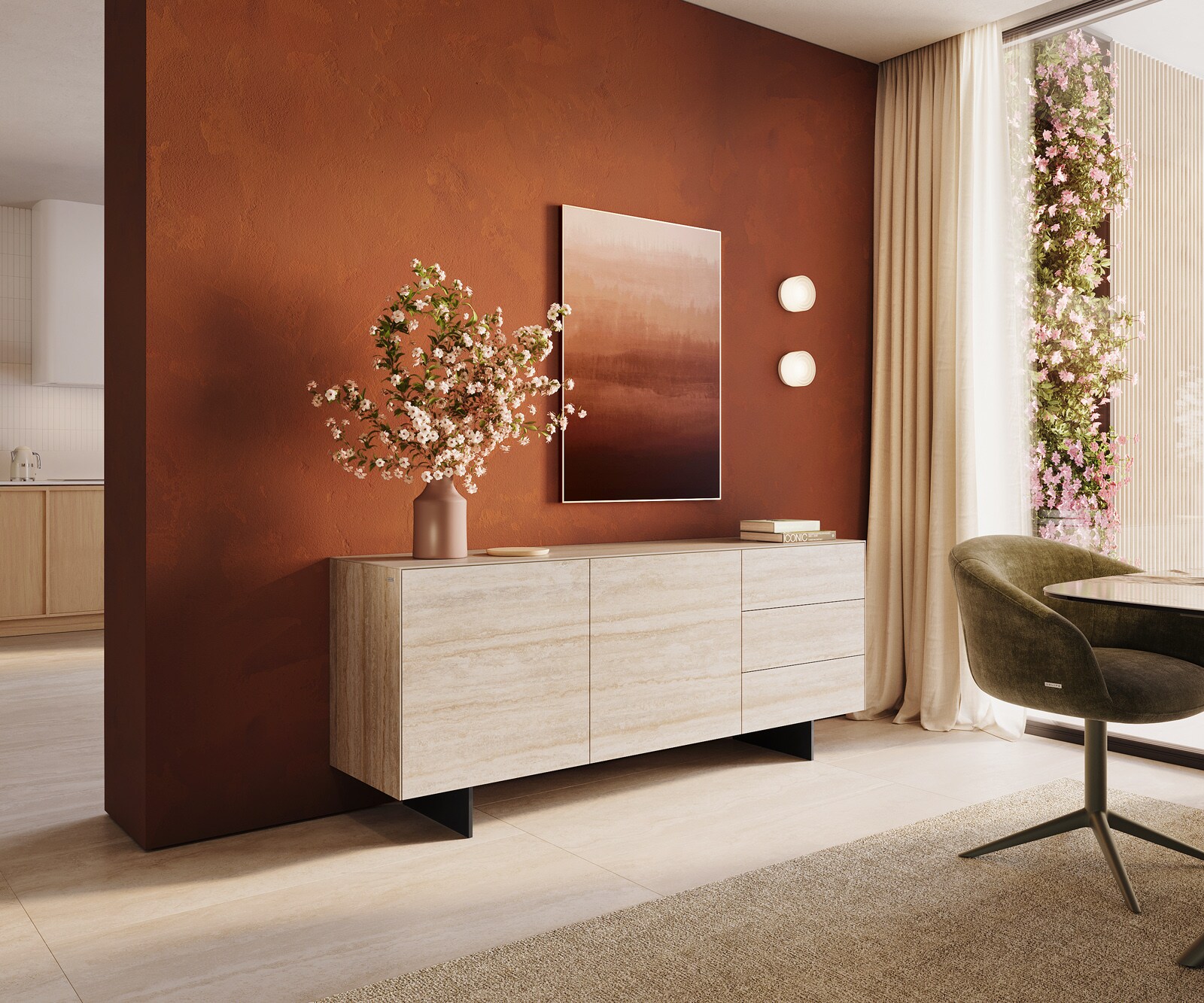 Sideboard Cuor 180 cm Keramik Laminam® Travertino Bianco Creme-Weiß 2 Türen 3 Schubfächer Fuß Schwebeoptik Metall Schwarz