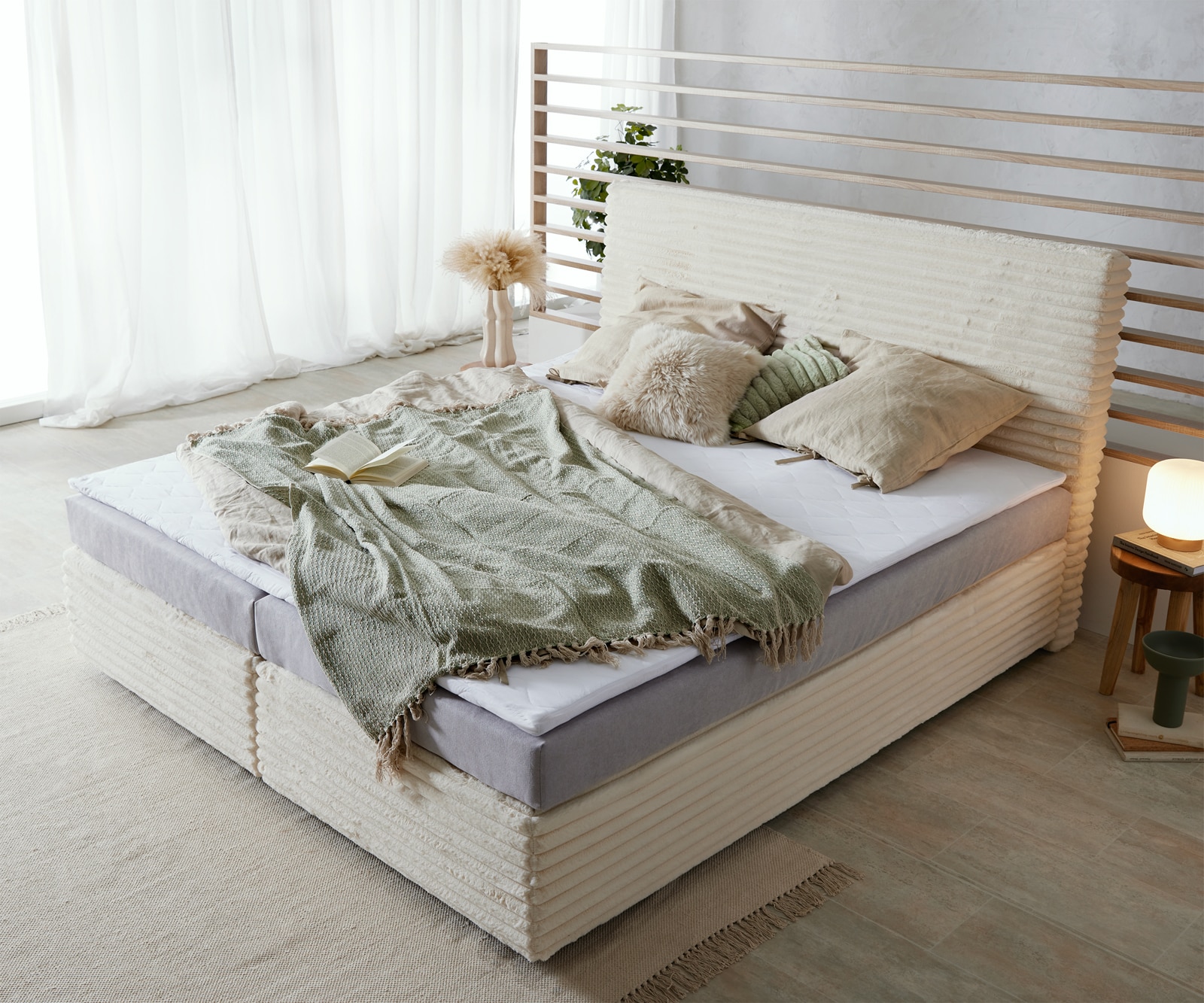 Boxspringbett Dream-Well Plüsch-Cord Beige 180x200 cm Bonell-Matratze PU-Topper 3 Boxspringbett Dream-Well Plüsch-Cord Beige 180x200 cm Bonell-Matratze PU-Topper 3