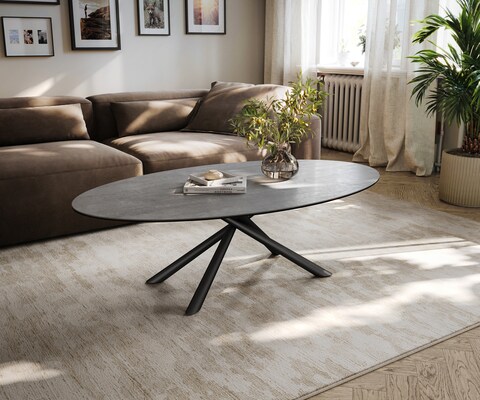 Couchtisch Edge Oval 135x80 cm Keramik Beton Grau Sarity Metall Schwarz