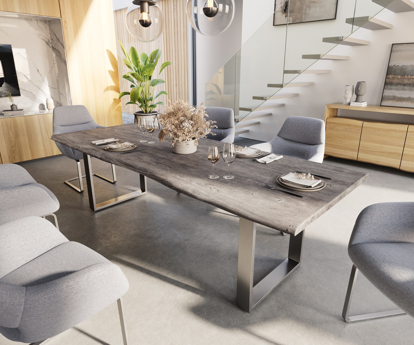 Esstisch Edge 260x100 Akazie Platin Edelstahl Schmal Live-Edge 1