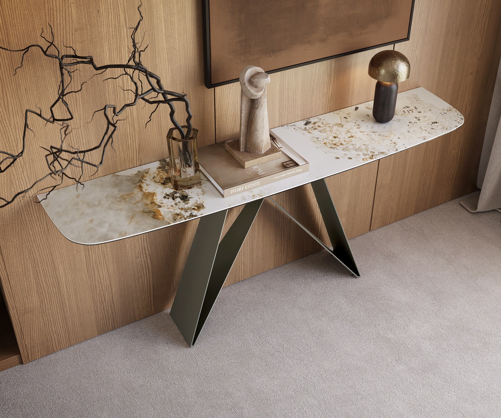 Konsolentisch Edge Boot 180x40 cm Keramik Minas Melange Weiß-Beige Velio Metall Effektfinish Titan 1