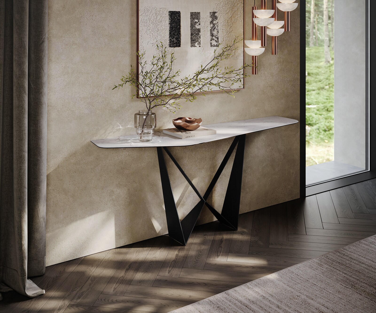 Konsolentisch Edge Polygonal 180x50 cm Keramik Laminam® Statuarietto Weiß Spios Metall Schwarz 3