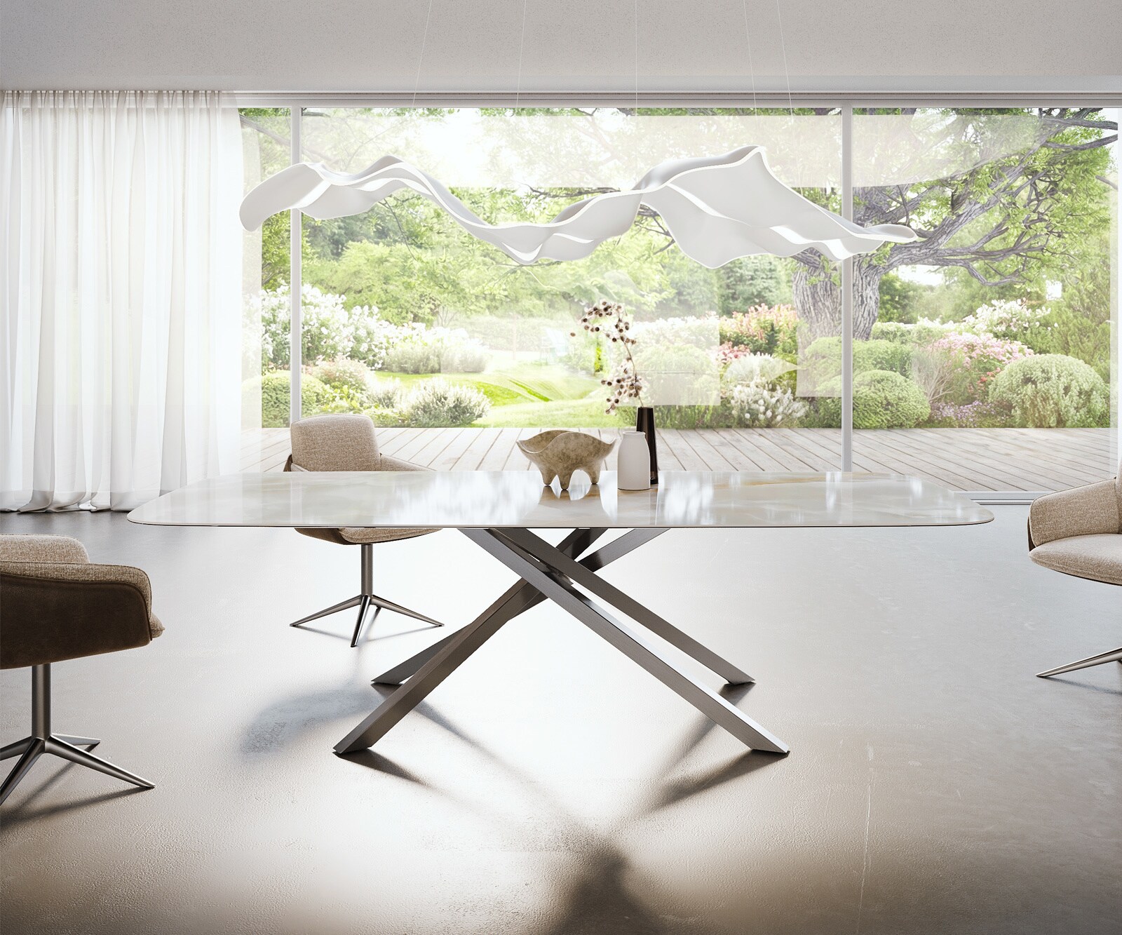 Esstisch Edge Boot 270x120 cm Keramik Iris FMG Onice Grigio Kreuzgestell Rechteck Edelstahl 2