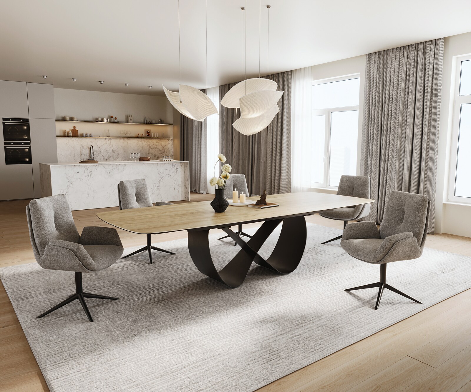 Esstisch Edge Boot 240-300x120 cm Keramik Laminam® Sabbia Eichefarbig Infinity Metall Schwarz ausziehbar 7