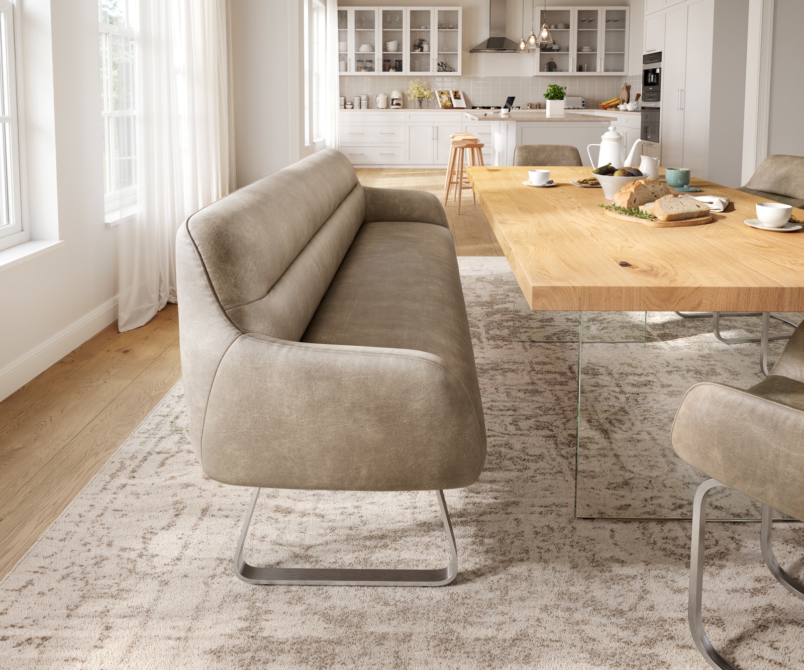 Esszimmerbank Taya-Flex 200 cm Mikrofaser Beige Vintage Kufengestell flach Edelstahl Taschenfederkern 1